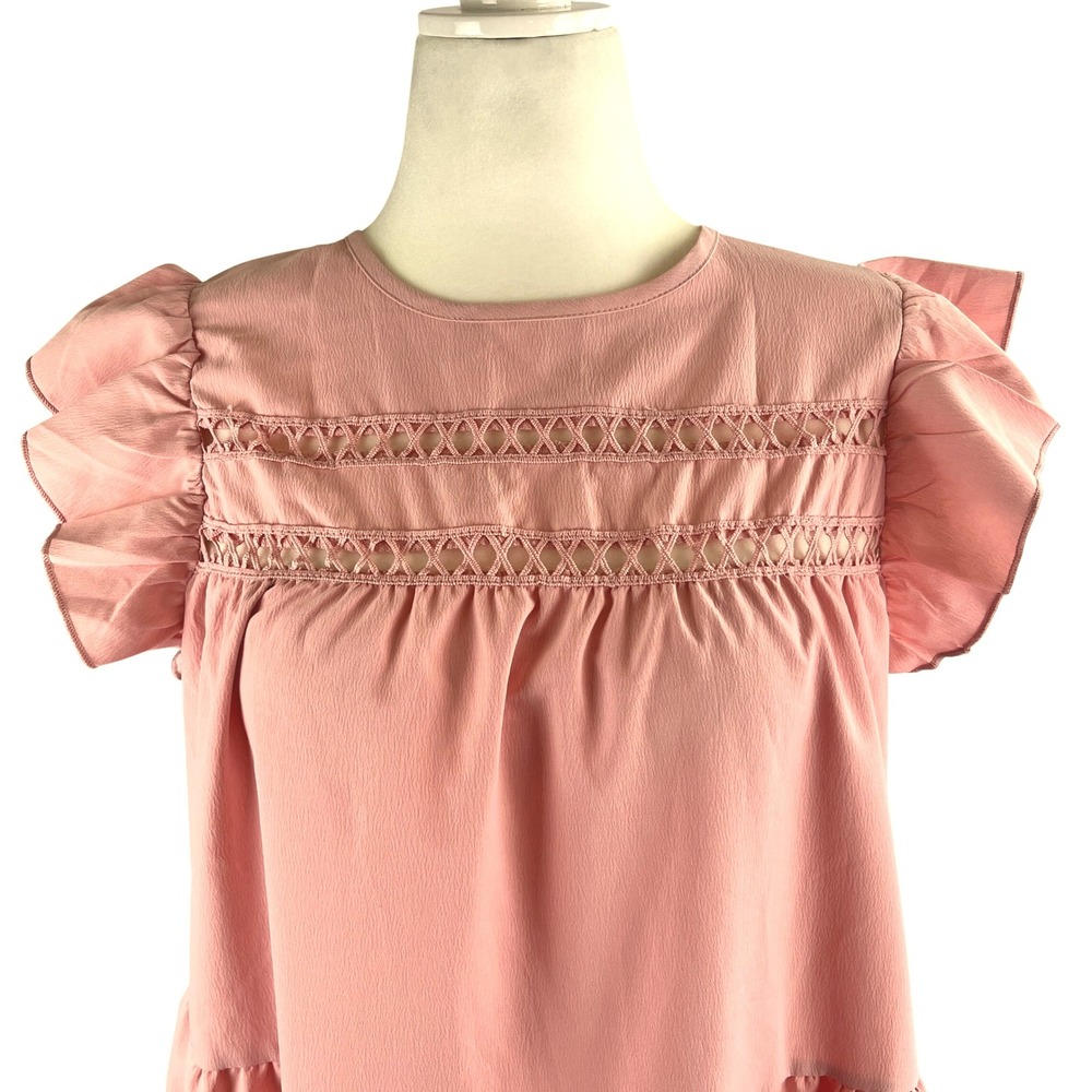 Sason Tiered Mini Dress L Petal Pink Babydoll Eyelet Detail Fairy Cottage Core - Picture 2 of 7